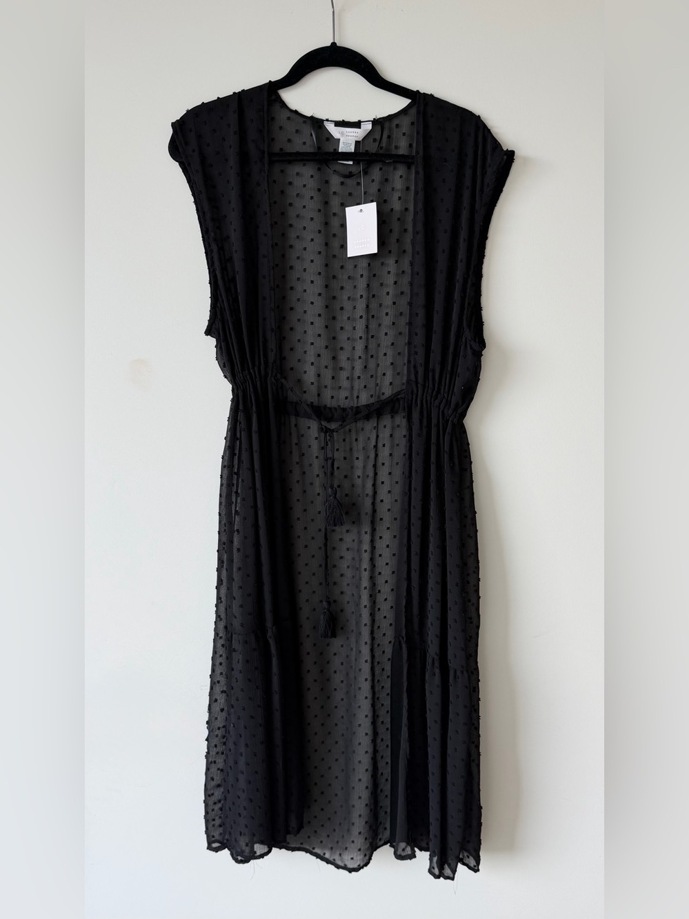 NWT LC Lauren Conrad Black Sheer Swiss Dot Duster with Tassel Tie